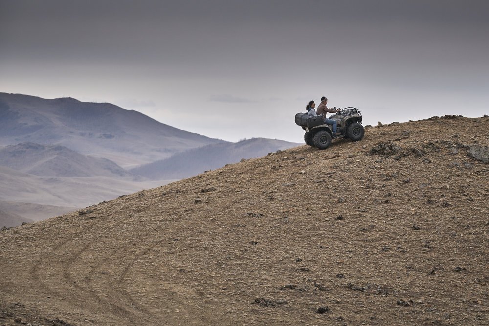 Three riders on small motorbikes stopped in a meadow of wildflowers